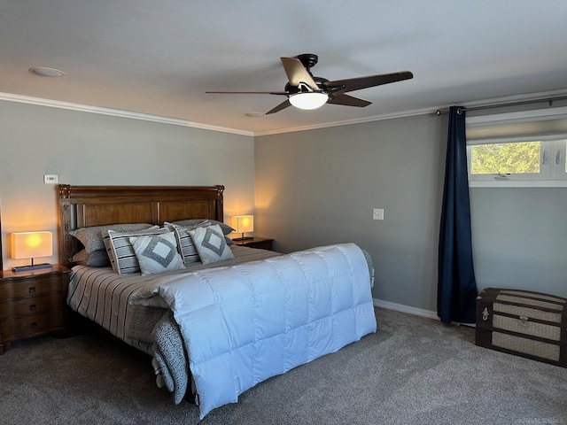 bedroom with crown molding, ceiling fan, baseboards, and carpet floors