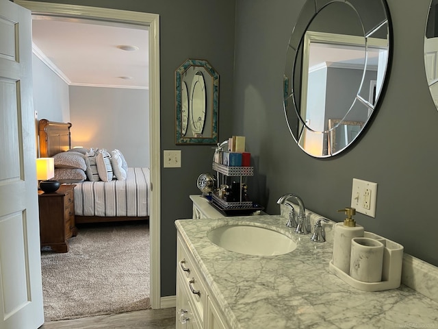 bathroom with crown molding, wood finished floors, and vanity