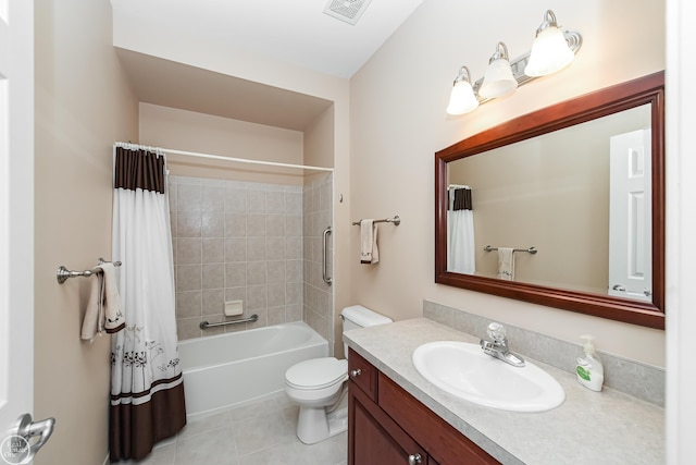 full bath with shower / bath combination with curtain, vanity, visible vents, toilet, and tile patterned floors