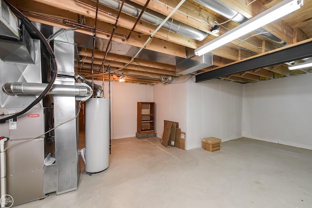 unfinished below grade area with water heater and heating unit