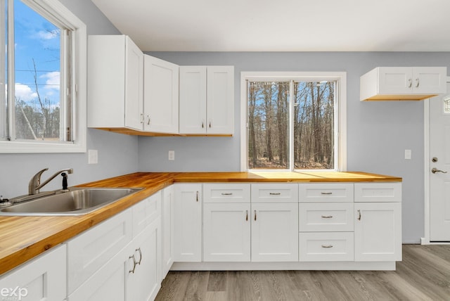 2407 Karen St, Prescott, MI 48756 - kitchen with butcher block counters, a sink, and white cabinetry