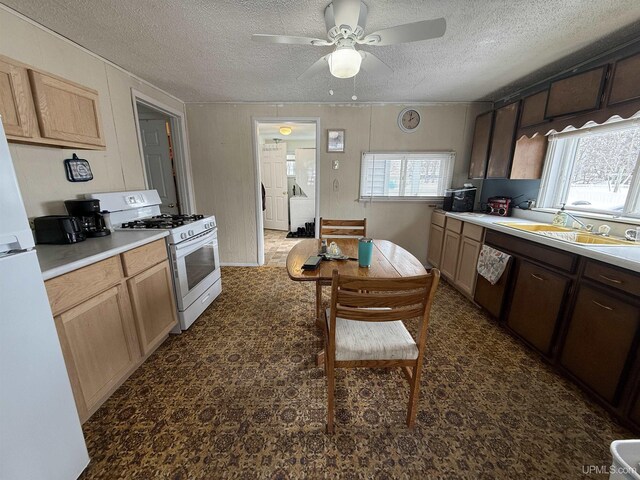 N5352 Pine St, Shingleton, MI 49884 - kitchen with white appliances, light countertops, a ceiling fan, a textured ceiling, and a sink