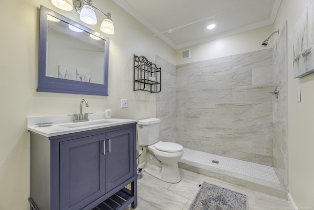 7173 Lake St, Lexington, MI 48450 - bathroom featuring visible vents, vanity, a tile shower, and crown molding