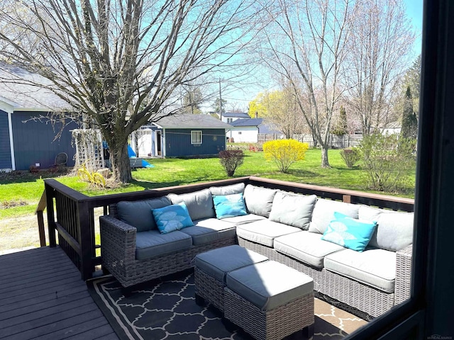7173 Lake St, Lexington, MI 48450 - wooden deck featuring fence, a yard, an outdoor hangout area, and an outbuilding
