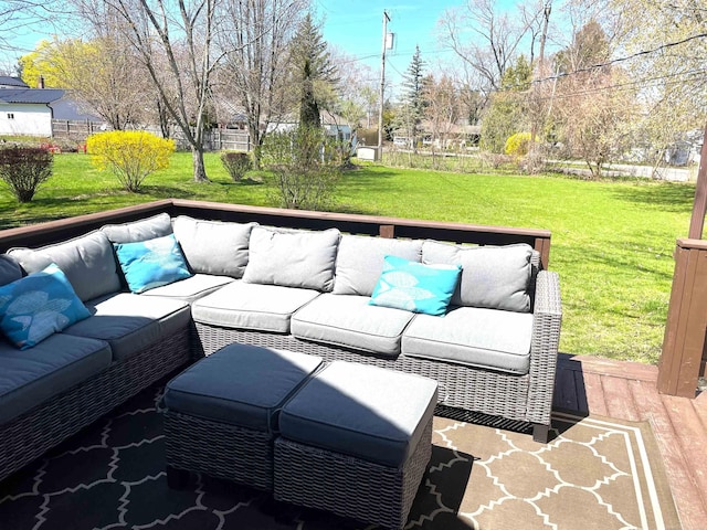 7173 Lake St, Lexington, MI 48450 - wooden terrace with outdoor lounge area, a yard, and fence
