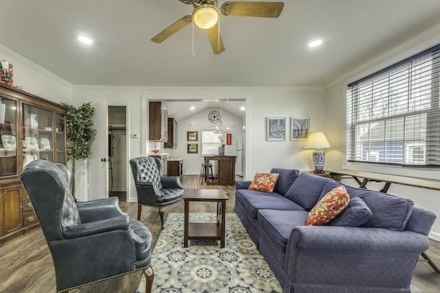 7173 Lake St, Lexington, MI 48450 - living room featuring recessed lighting, wood finished floors, ceiling fan, and crown molding