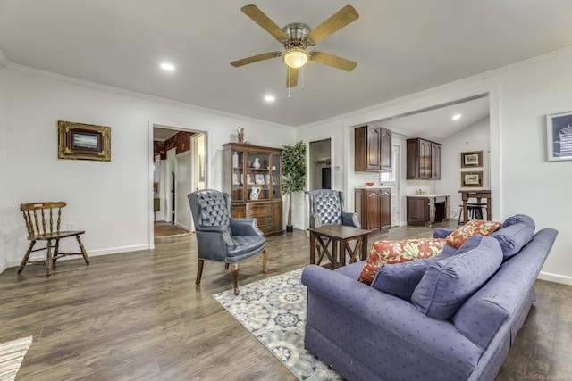 7173 Lake St, Lexington, MI 48450 - living area featuring wood finished floors, ceiling fan, ornamental molding, and baseboards