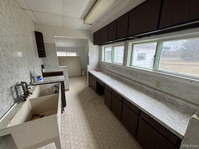 kitchen with dark brown cabinets and light countertops