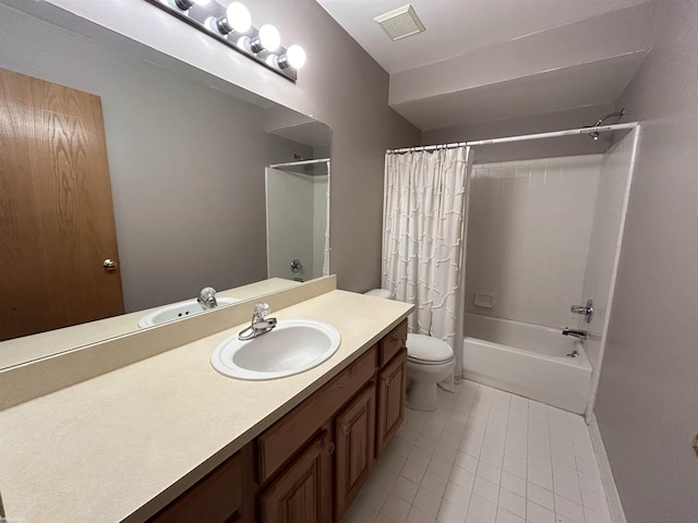 full bathroom featuring visible vents, toilet, shower / bath combo with shower curtain, vanity, and tile patterned floors