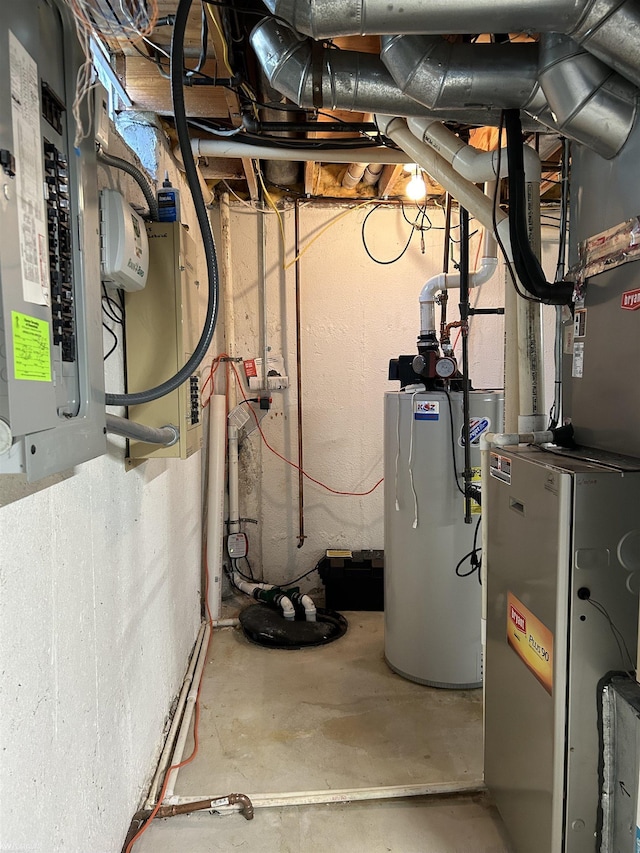 utility room featuring gas water heater, electric panel, and heating unit