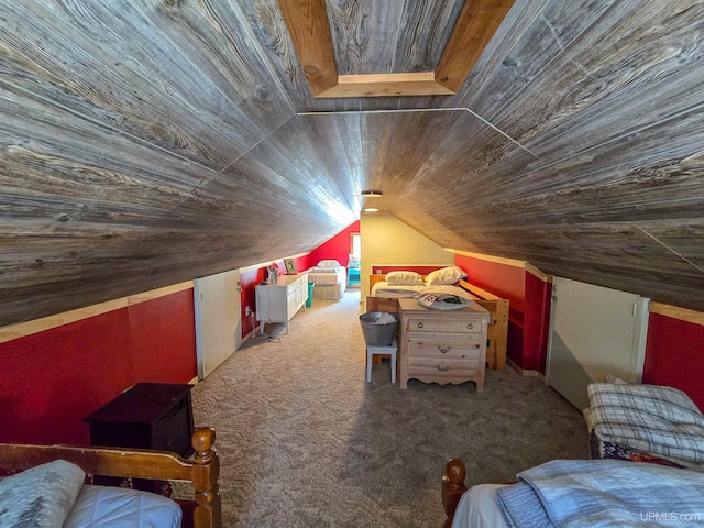 additional living space featuring carpet flooring, vaulted ceiling, and wood ceiling