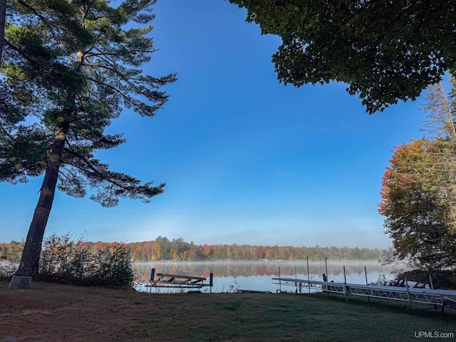 dock area featuring a water view, a yard, and a forest view
