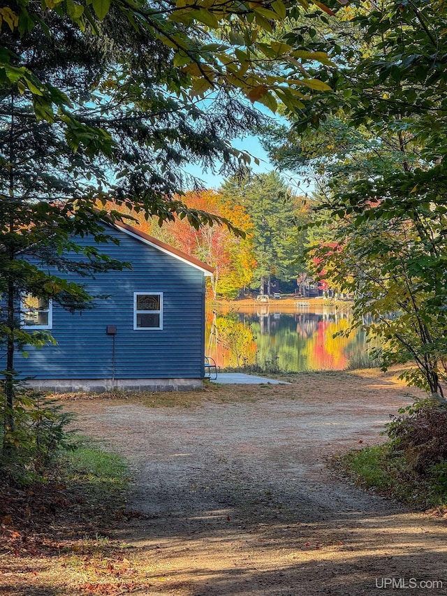 exterior space featuring a water view