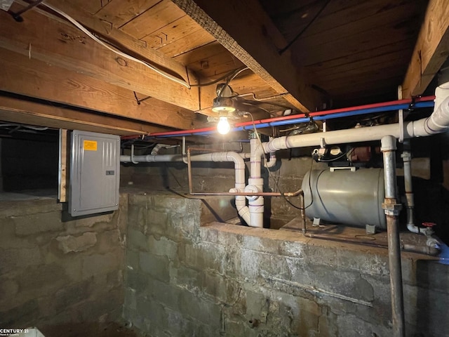 unfinished basement featuring electric panel and heating fuel