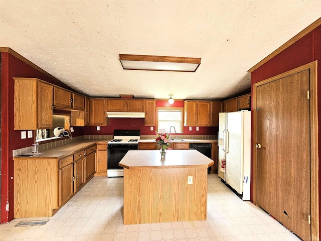 kitchen featuring under cabinet range hood, white fridge with ice dispenser, gas stove, and light floors