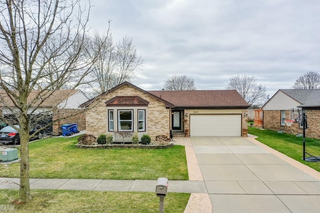 ranch-style house featuring brick siding, driveway, a front lawn, and a garage