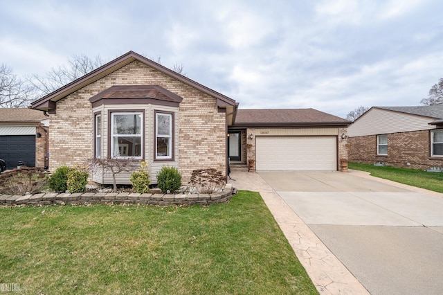 ranch-style house with a front yard, brick siding, driveway, and an attached garage