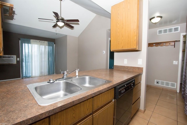 kitchen with dishwasher, a sink, visible vents, and lofted ceiling