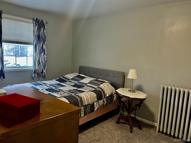 bedroom featuring radiator heating unit, baseboards, and carpet