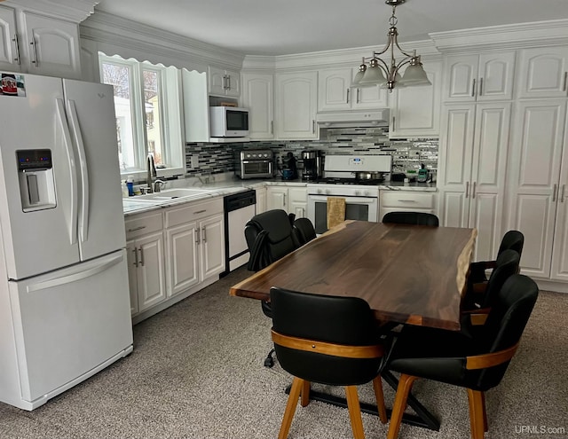 kitchen featuring a sink, white cabinets, white appliances, and under cabinet range hood