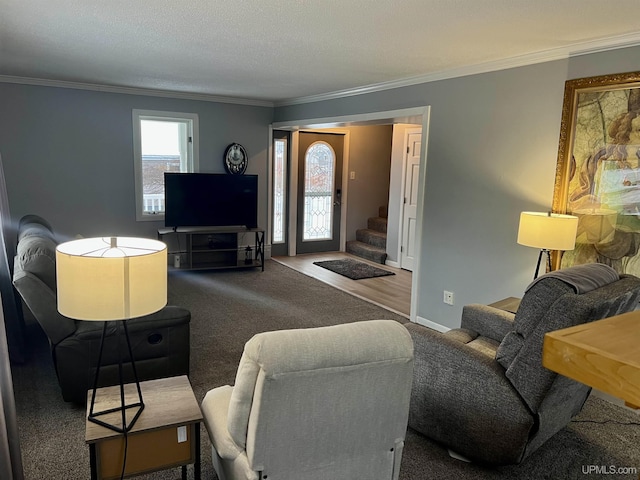 carpeted living area featuring baseboards, ornamental molding, and stairway