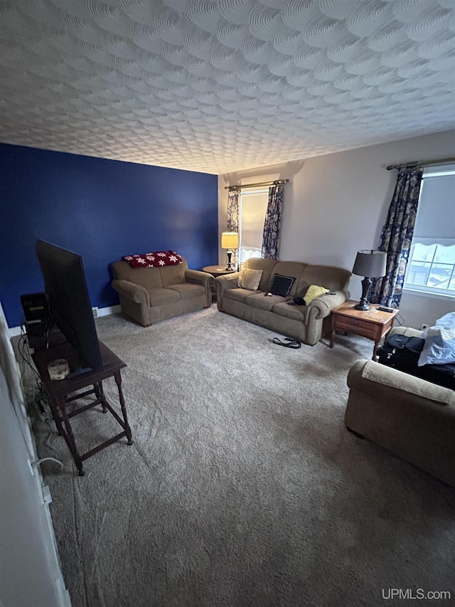carpeted living room with a textured ceiling