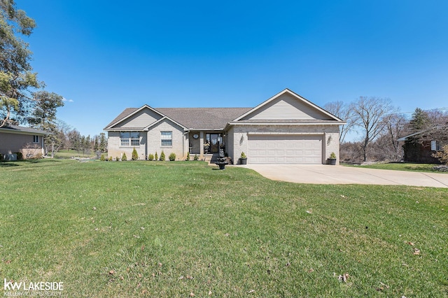 ranch-style house featuring a front yard, brick siding, a garage, and concrete driveway