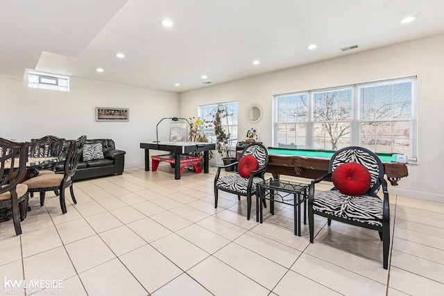 playroom featuring recessed lighting, light tile patterned floors, visible vents, and pool table