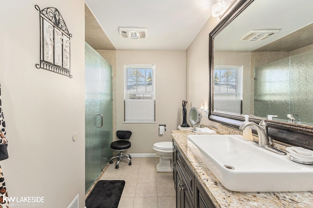 bathroom with visible vents, toilet, a shower stall, vanity, and tile patterned floors