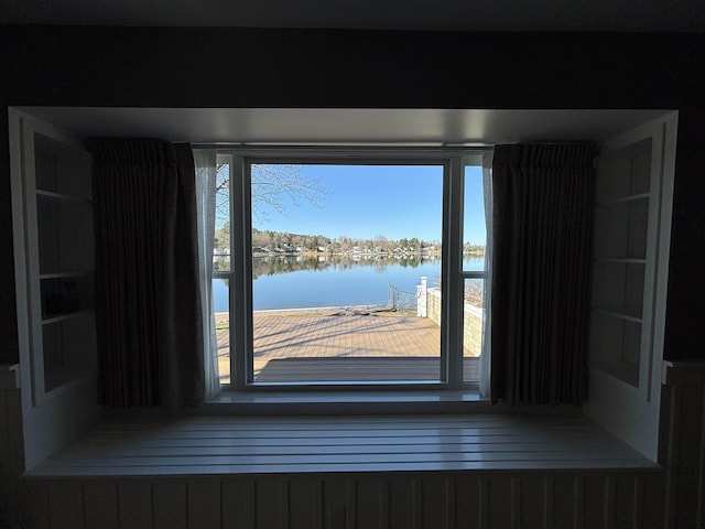 interior details with a water view