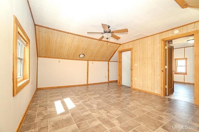 104 Birch St, Bergland, MI 49910 - additional living space with wooden walls, baseboards, and ceiling fan
