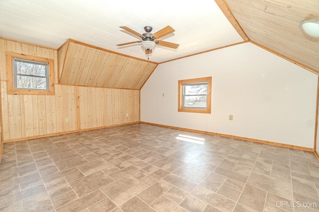 104 Birch St, Bergland, MI 49910 - bonus room with wood walls, baseboards, a ceiling fan, and lofted ceiling