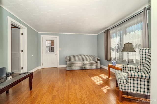 104 Birch St, Bergland, MI 49910 - living room with baseboards, crown molding, and wood finished floors