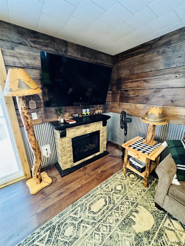 living room featuring wooden walls, wood finished floors, and a fireplace