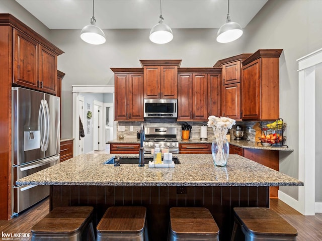 kitchen featuring tasteful backsplash, appliances with stainless steel finishes, a sink, and dark wood-style flooring