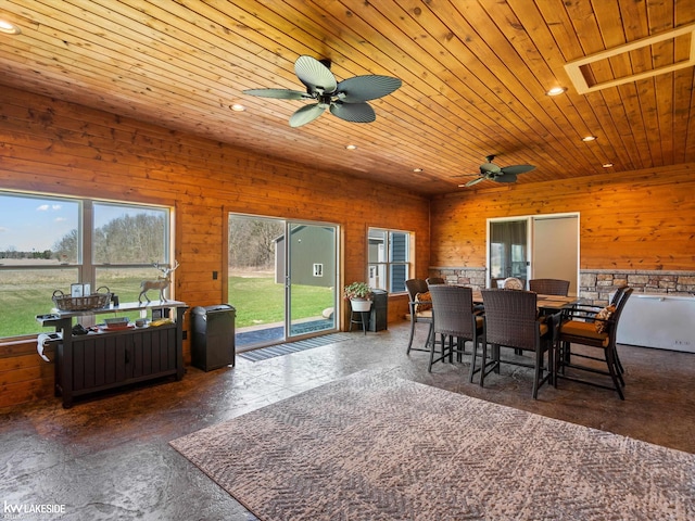 interior space with wooden ceiling, ceiling fan, and recessed lighting