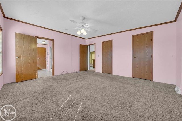 6240 Twin Lakes Dr, Kimball, MI 48074 - unfurnished bedroom with two closets, ornamental molding, a ceiling fan, and carpet