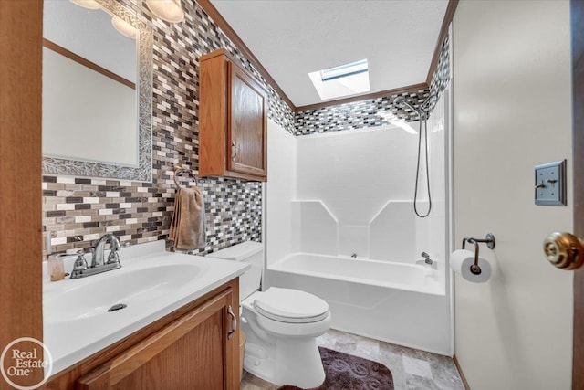 6240 Twin Lakes Dr, Kimball, MI 48074 - bathroom featuring vanity, shower / tub combination, backsplash, toilet, and a skylight