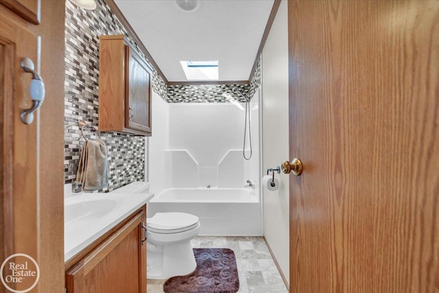 6240 Twin Lakes Dr, Kimball, MI 48074 - bathroom featuring vanity, backsplash, toilet, and shower / washtub combination