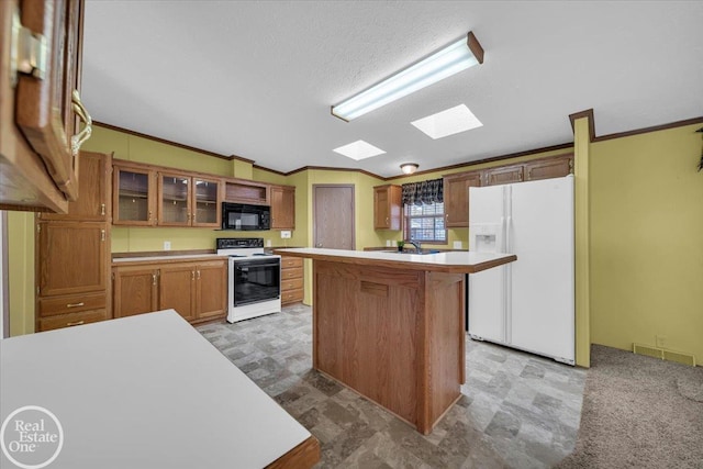 6240 Twin Lakes Dr, Kimball, MI 48074 - kitchen featuring glass insert cabinets, white appliances, visible vents, a kitchen island, and light countertops