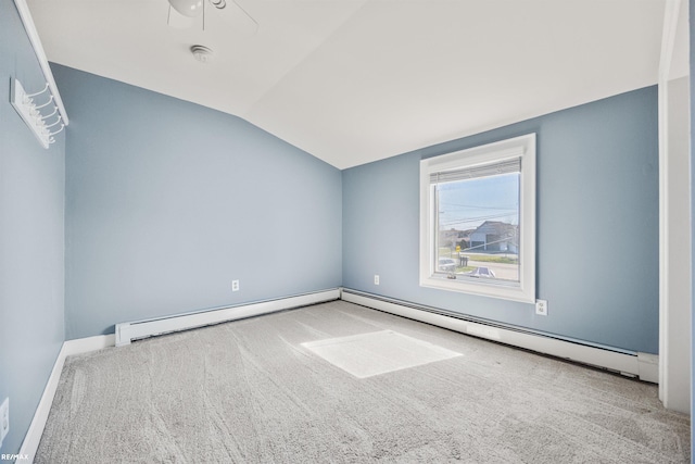 bonus room featuring a baseboard radiator, a ceiling fan, carpet, a baseboard heating unit, and lofted ceiling