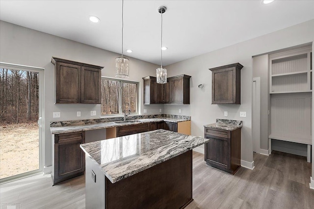 kitchen featuring dark brown cabinets, a wealth of natural light, and light wood-style floors
