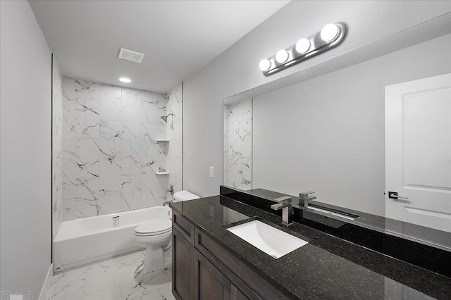 bathroom featuring toilet, tub / shower combination, recessed lighting, vanity, and marble finish floor