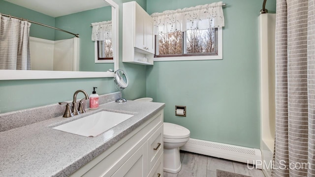 full bath featuring toilet, a baseboard radiator, vanity, and a shower with curtain