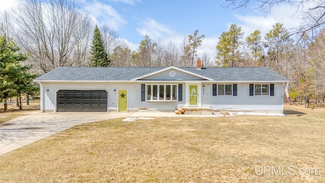 ranch-style home with a garage, a front lawn, a chimney, a shingled roof, and driveway