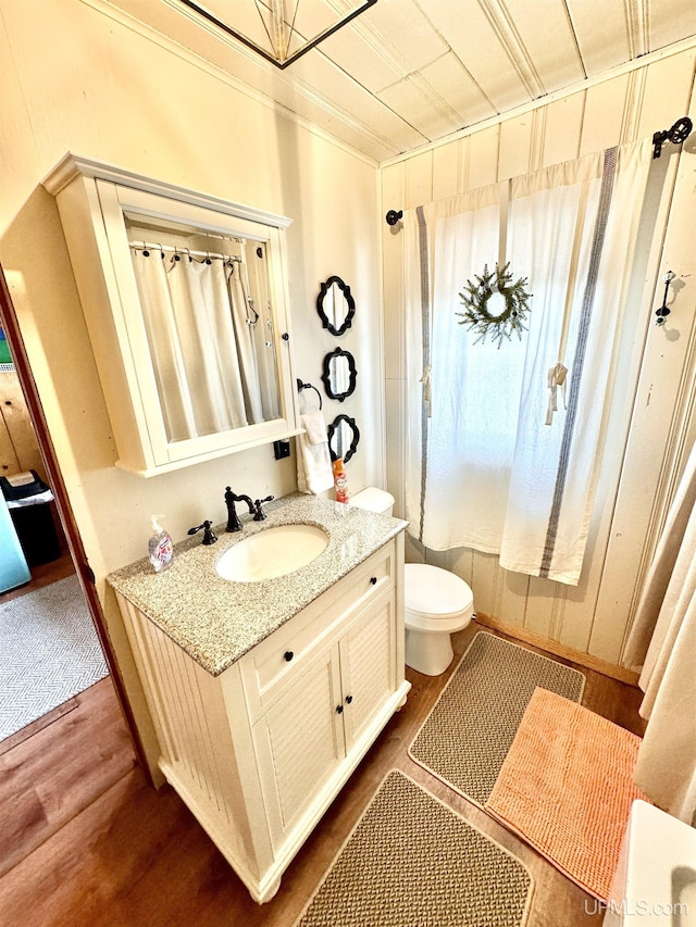 bathroom featuring toilet, wood finished floors, and vanity
