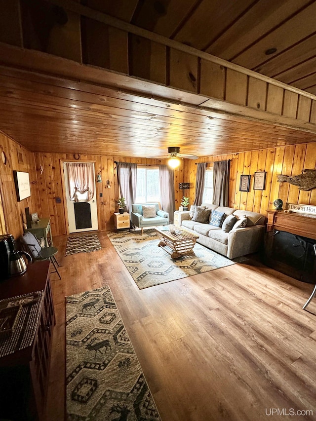 living area featuring wooden walls, wood finished floors, and a fireplace
