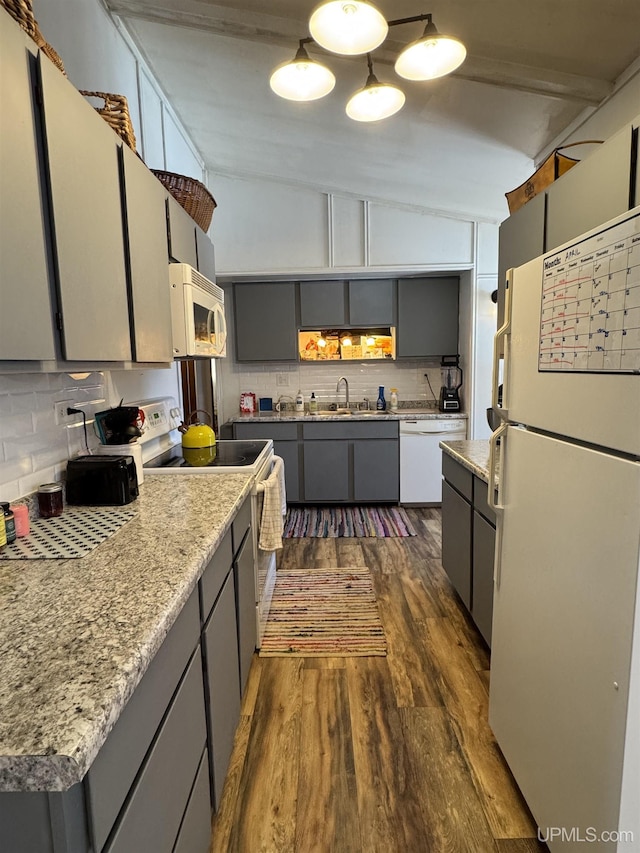 9260 S US Highway 41, Skandia, MI 49885 - kitchen featuring gray cabinetry, white appliances, a sink, and tasteful backsplash
