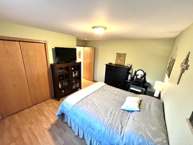 bedroom featuring a closet and light wood-style floors