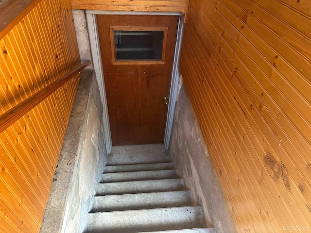 staircase featuring wood walls